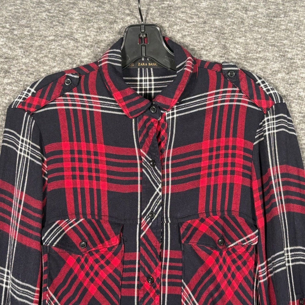 Zara Basic Plaid Button Down Shirt Womens Red Black XS Viscose - Picture 2 of 10
